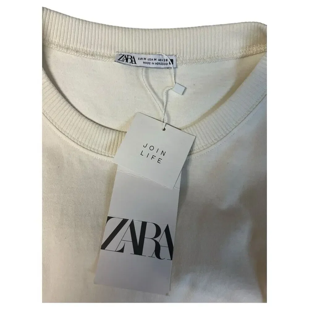 New Zara Dress Womens M Extended Shoulder Midi Tank Cinched Drawcord Waist Ivory - Picture 5 of 16